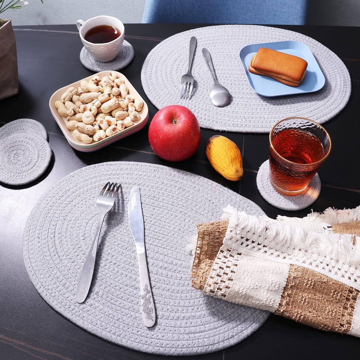 6 Pack Woven Placemats, 12x16 inches Gray Oval Plate Charger Cotton Heat Resistant Non-Slip Weave Place mats Farmhouse Straw Braided Rattan Tablemats Wicker Placemats for Dining Table