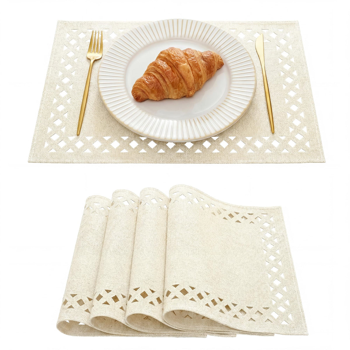 Artoid Mode Farmhouse Placemats Set of 6, Linen Textured Lattice Cutwork Fall Place Mats for Kitchen Dining Table Decor and Outdoor Party, 12 x 18 Inchs, Light Brown