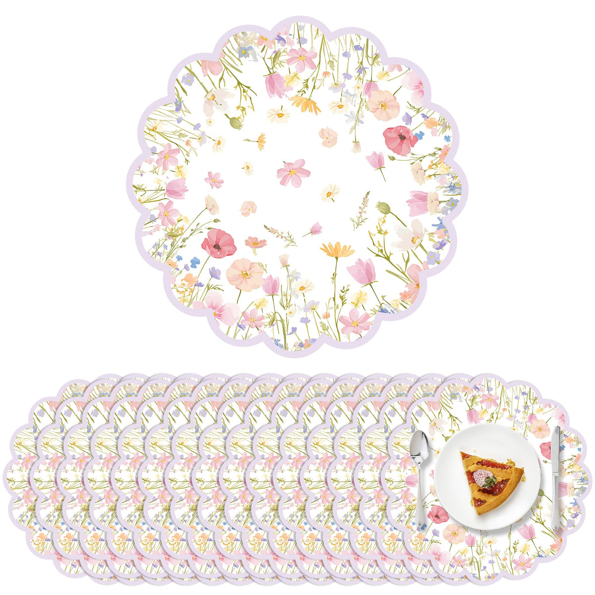 100 Pcs Fall Floral Paper Placemats 13.5 Inches Scalloped Brown Floral Paper Placemats Disposable Autumn Wildflower Place Mats for Wedding Bridal Baby Shower Thanksgiving Harvest Party Supplies