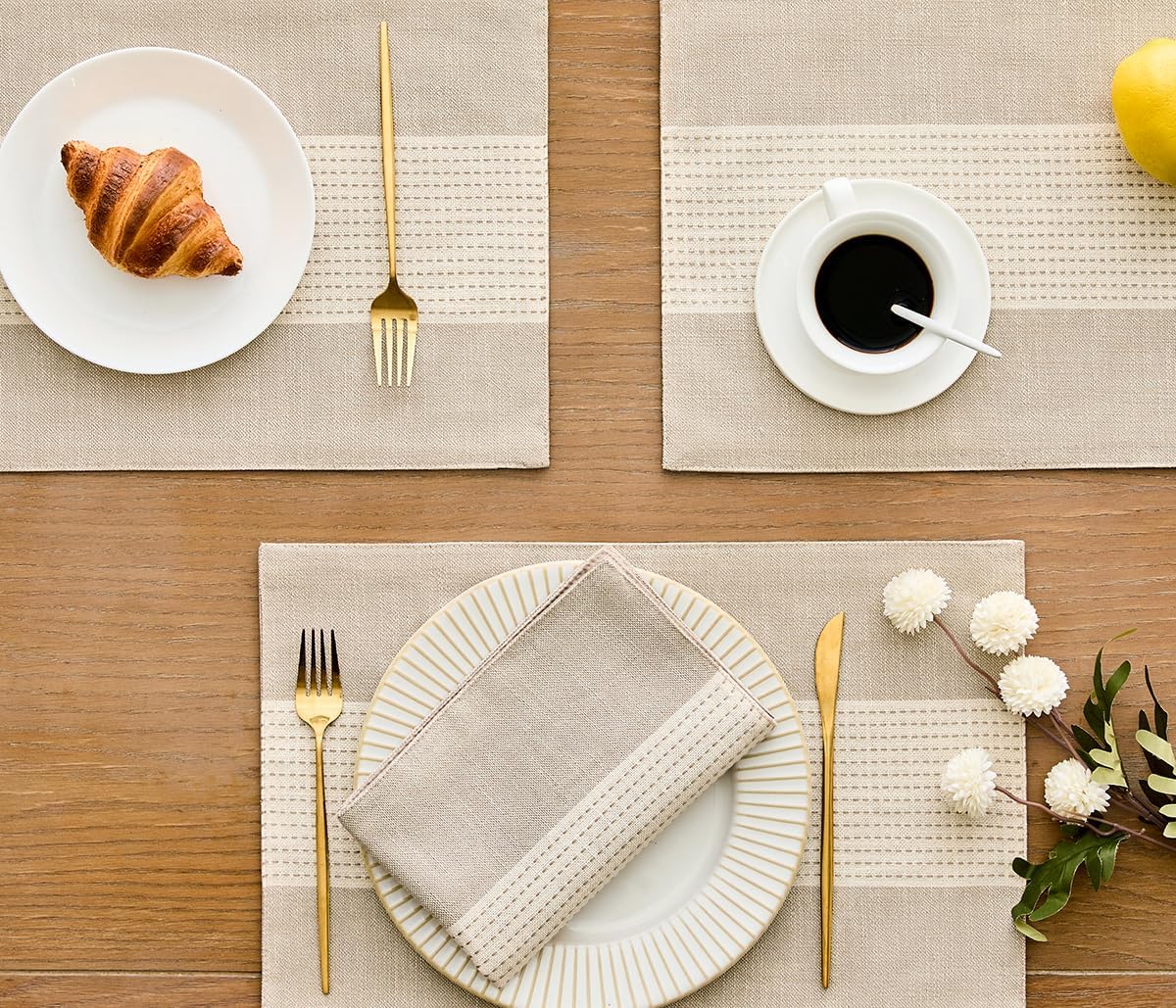 Wracra Linen Placemats, 12 x 18 Inch Set of 4 Placemats, Farmhouse Macrame Place Mats for Kitchen Table and Heat Resistant-Hemstitch Light Coffee 4PCS