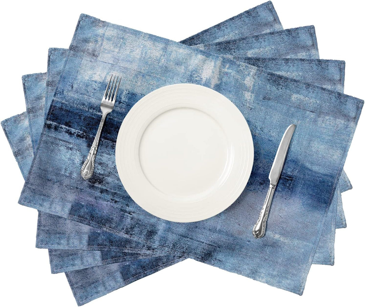 Blue and Grey Placemats Set of 4 Modern Abstract Art Placemats Heat Resistant Non-Slip Artwork Dining Placemats Washable Table Mats for Home Kitchen (Blue and Grey, 18"X12")