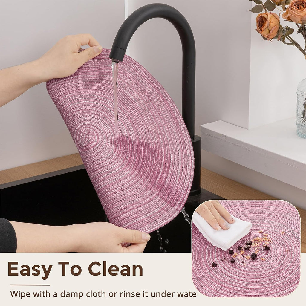 Topotdor Round Placemats Set of 6,Washable Woven Table Mats,Pink