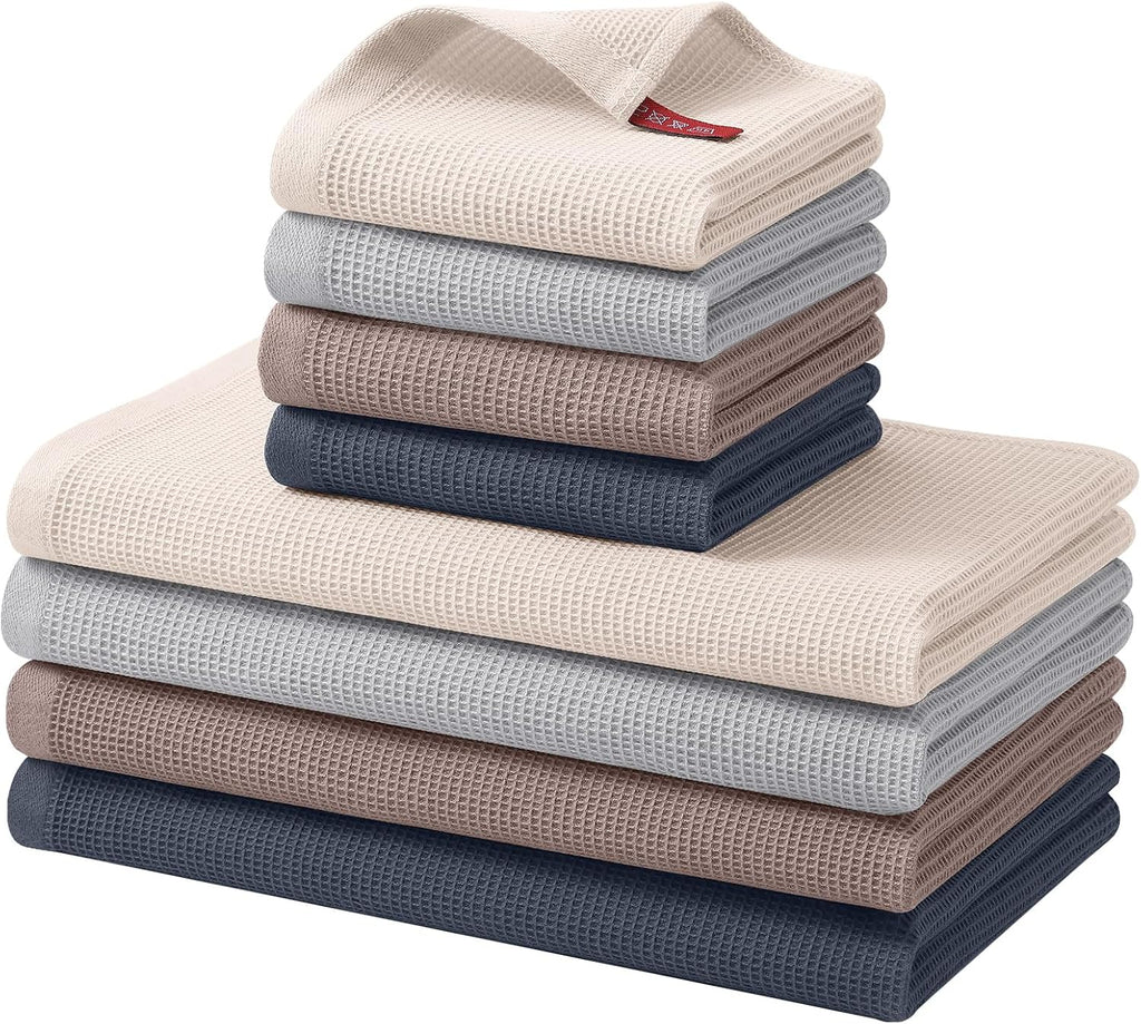Homaxy 100% Cotton Kitchen Towels and Dishcloths Set - 8 Pack Waffle Weave Soft and Absorbent Dish Towels - 26 X 16 Inch and 12 X 12 Inch - Beige/Dark Grey/Brown/Light Grey