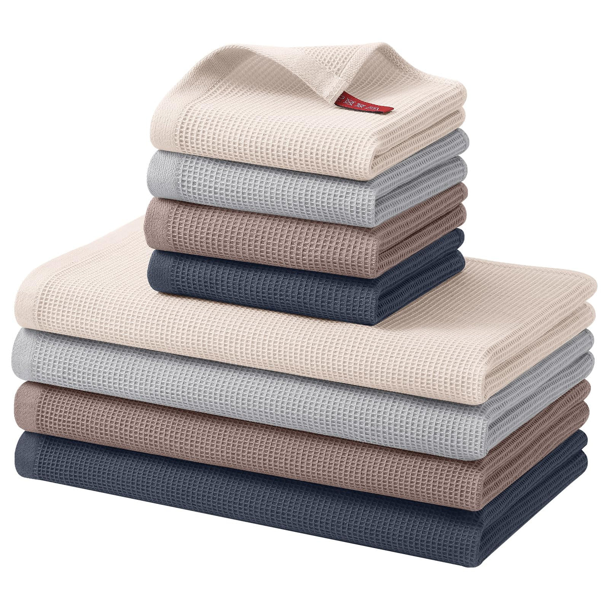 Homaxy 100% Cotton Kitchen Towels and Dishcloths Set - 8 Pack Waffle Weave Soft and Absorbent Dish Towels - 26 X 16 Inch and 12 X 12 Inch - Beige/Dark Grey/Brown/Light Grey