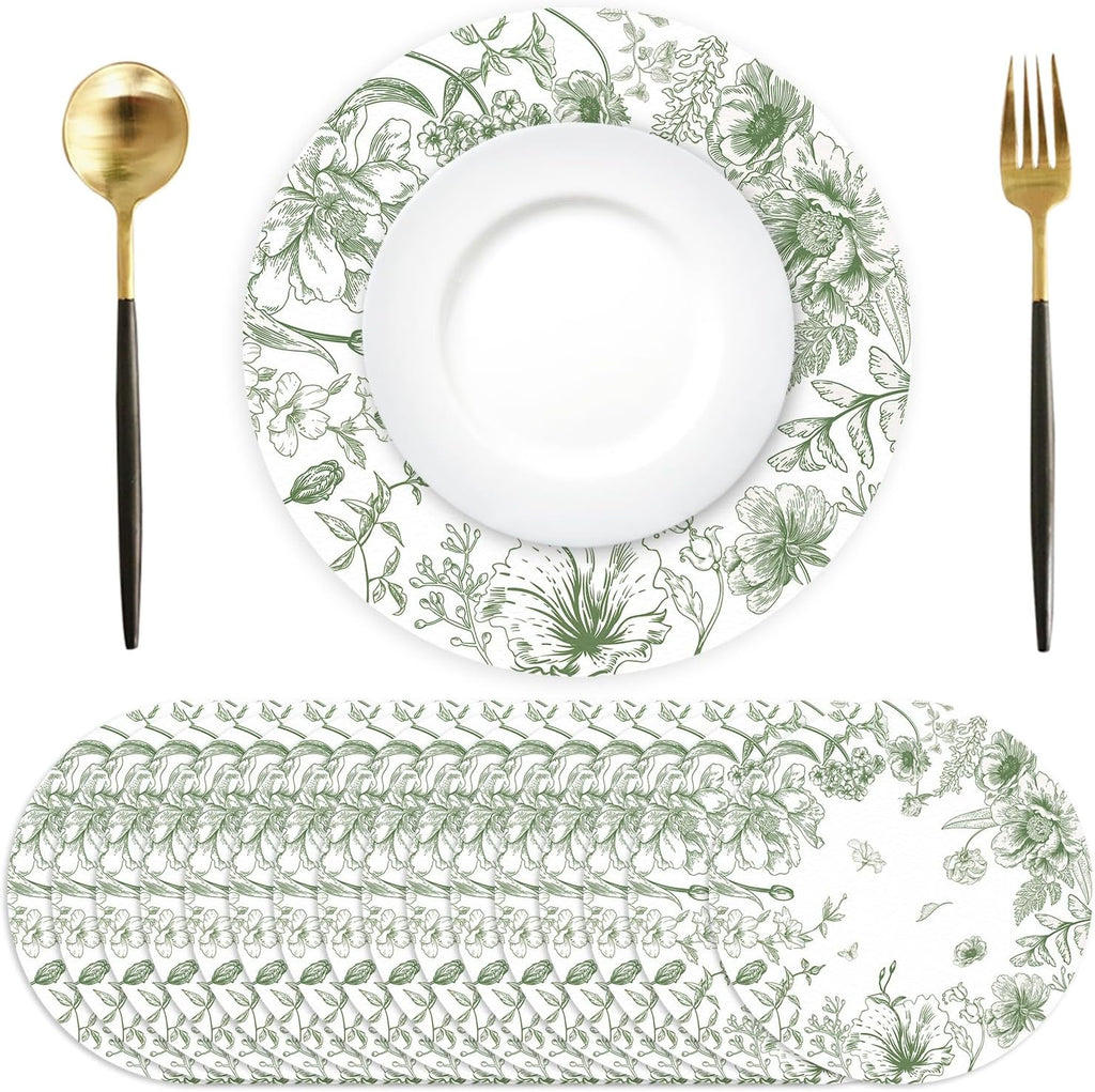 50 Pack Paper Placemats Disposable Green Floral Placemats 13.7 Inch Vintage Sage Green Flower Place Mats Chinoiserie Round Table Mats for Dinner Table Setting Birthday Wedding Party Supplies