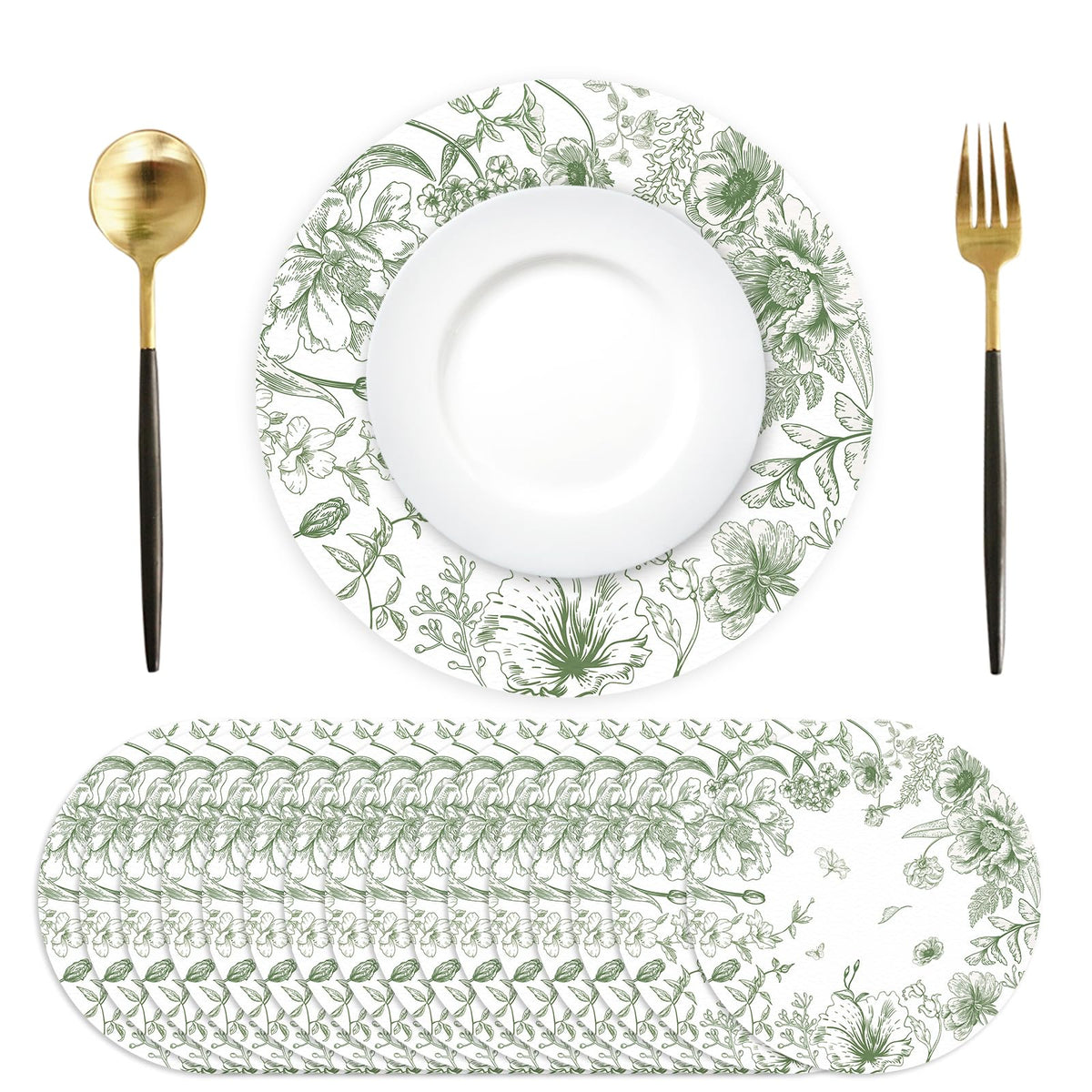 50 Pack Paper Placemats Disposable Green Floral Placemats 13.7 Inch Vintage Sage Green Flower Place Mats Chinoiserie Round Table Mats for Dinner Table Setting Birthday Wedding Party Supplies