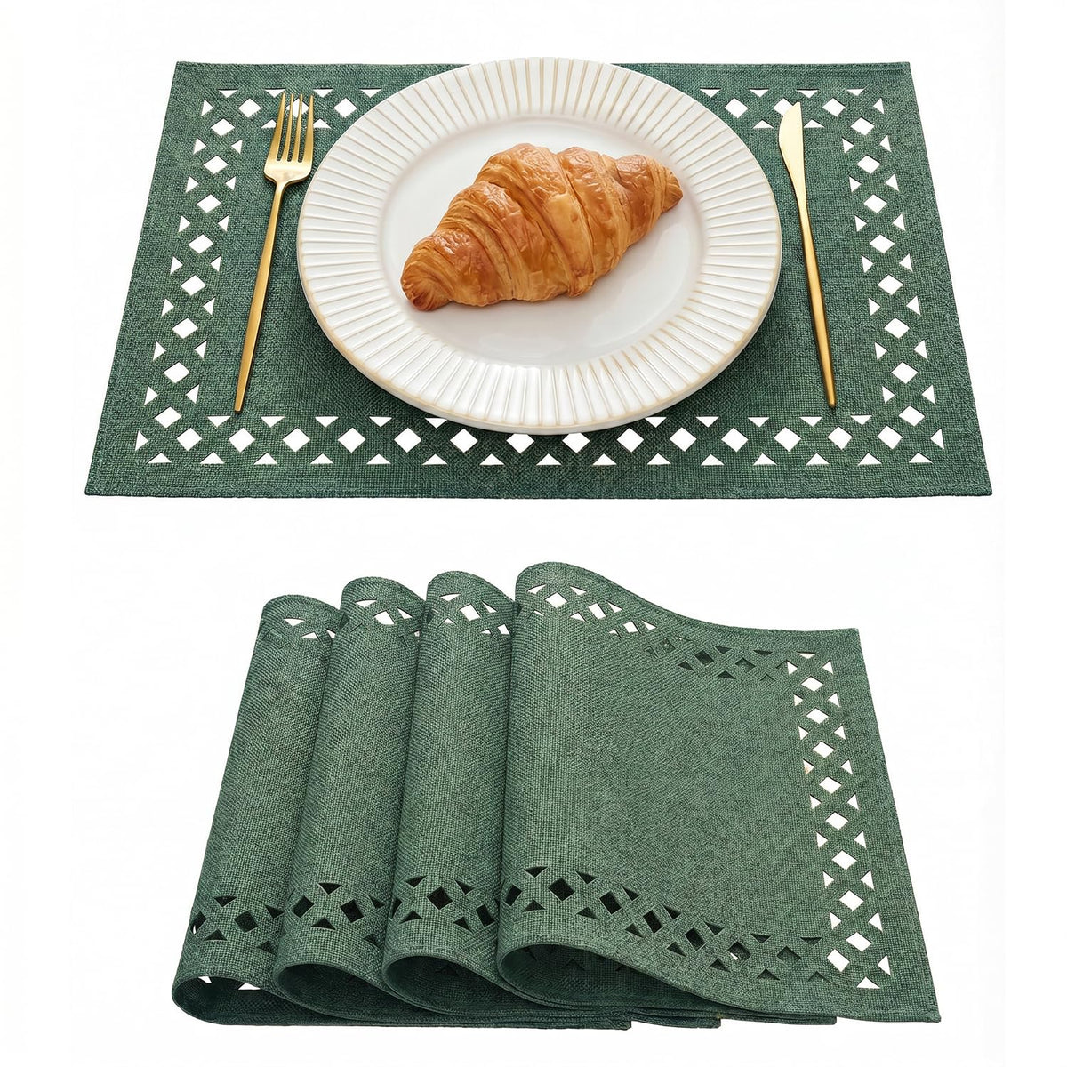 Artoid Mode Farmhouse Placemats Set of 6, Linen Textured Lattice Cutwork Fall Place Mats for Kitchen Dining Table Decor and Outdoor Party, 12 x 18 Inchs, Light Brown