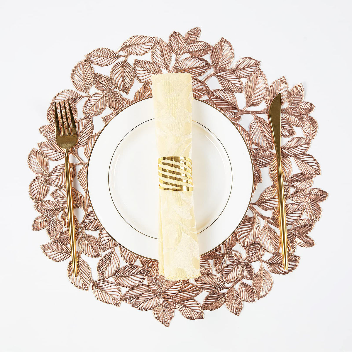 Gold Leaf Placemats Set of 8 Metallic Round Table Placemats