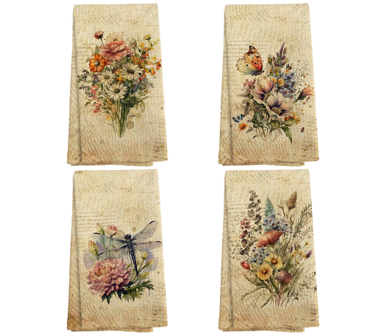 Vintage Floral Kitchen Towels and Dishcloths Set of 2, Vintage Decorative Kitchen Towels, Bouquet Decorative Towels, Retro Wildflower Drying Cloth Hand Towels for Bathroom Kitchen, 16×24 Inches