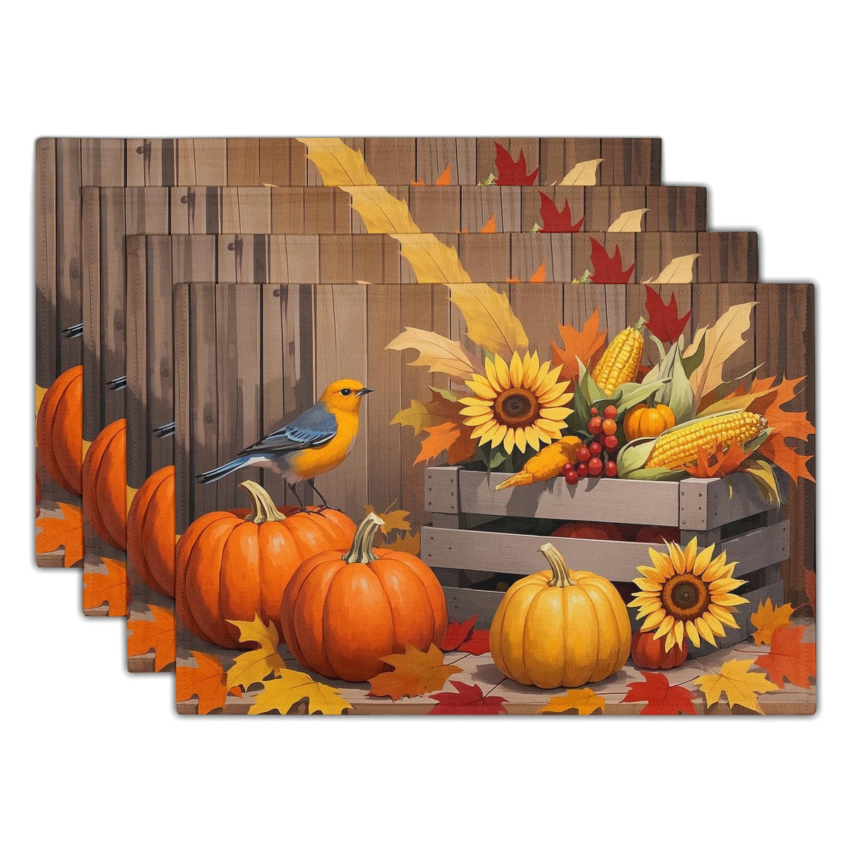 Fall Plaid Placemats Set of 4 Orange Navy Blue Buffalo Plaid Thanksgiving Themed Table Mats Farmhouse Place Mats Washable Linen Placemat for Party Kitchen Dining Decor 12x18 Inch