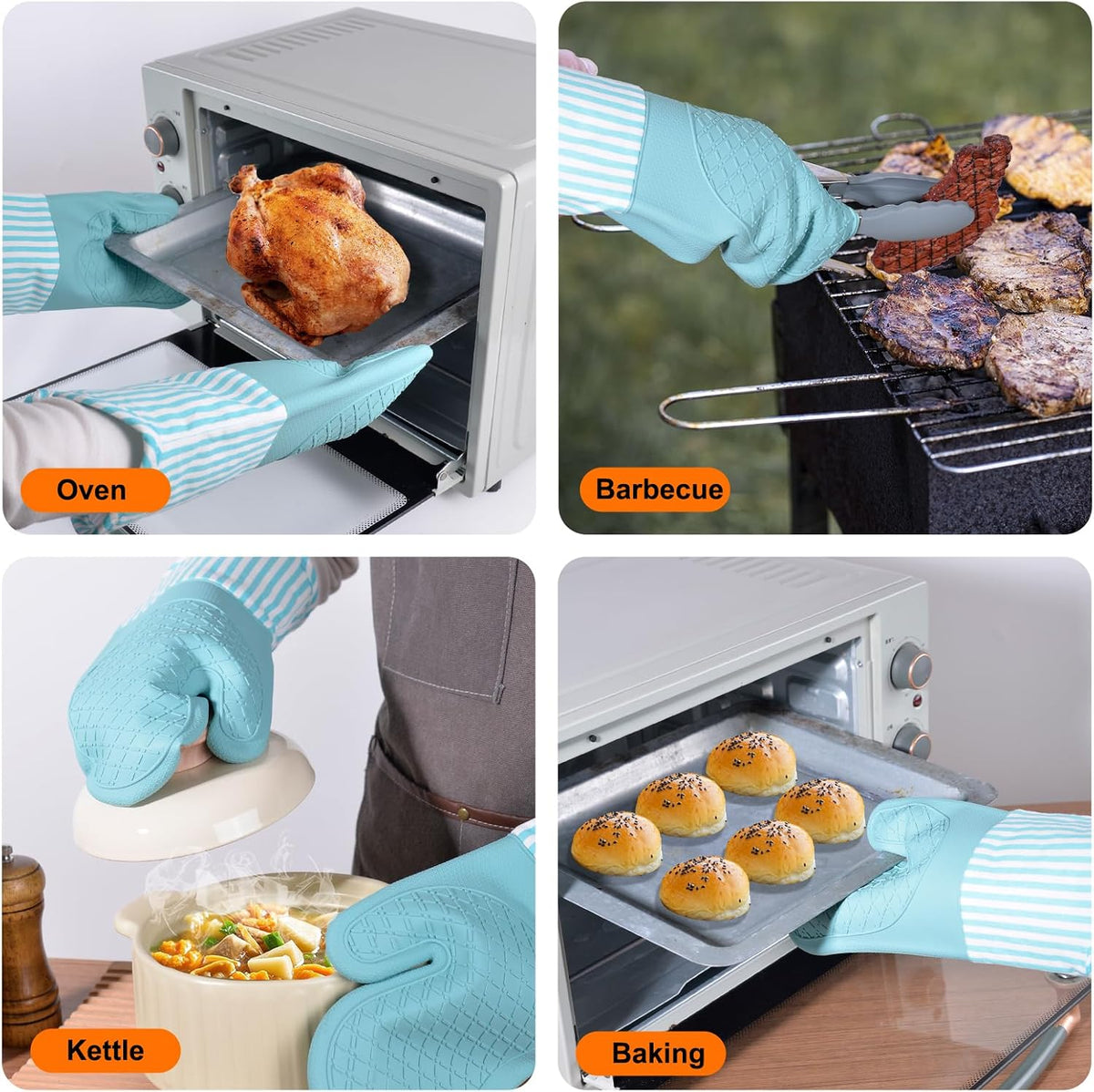 Silicone Oven Mitts, Heat Resistant Oven Gloves with Quilted Liner, Waterproof & Non-Slip Kitchen Mittens for Baking Cooking BBQ, 500°F, 13.5"-Nordic Blue