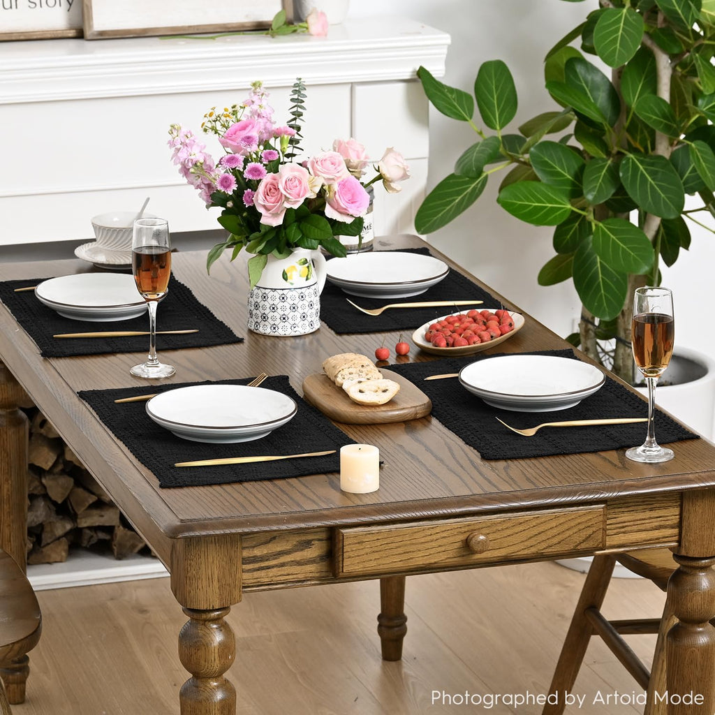 Artoid Mode Black Woven Rustic Hollow Placemats Set of 4-12x18 Inch