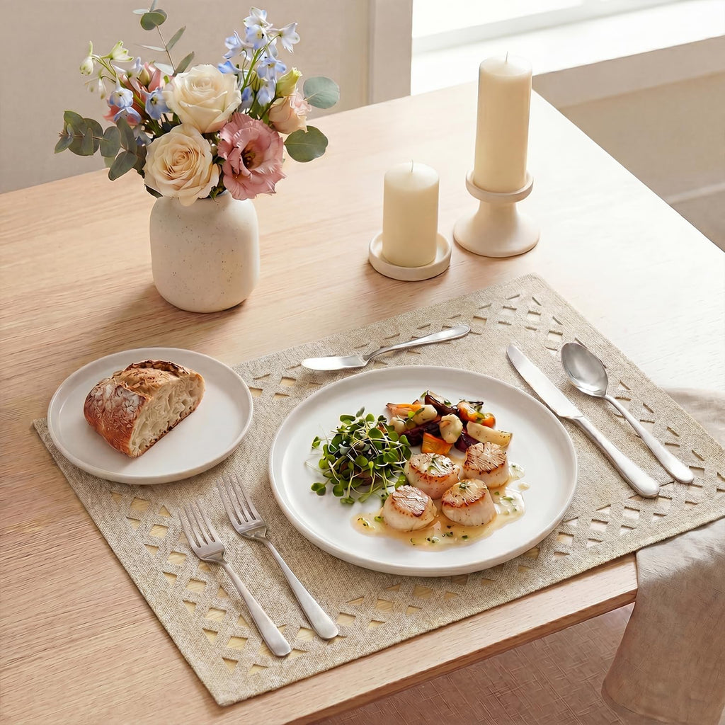 Artoid Mode Farmhouse Placemats Set of 6, Linen Textured Lattice Cutwork Fall Place Mats for Kitchen Dining Table Decor and Outdoor Party, 12 x 18 Inchs, Light Brown