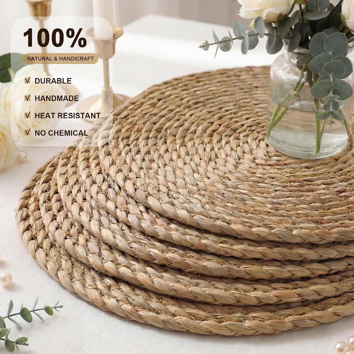 Round Woven Placemats 8PCS 13in Rattan Charger Wicker Boho Place mat