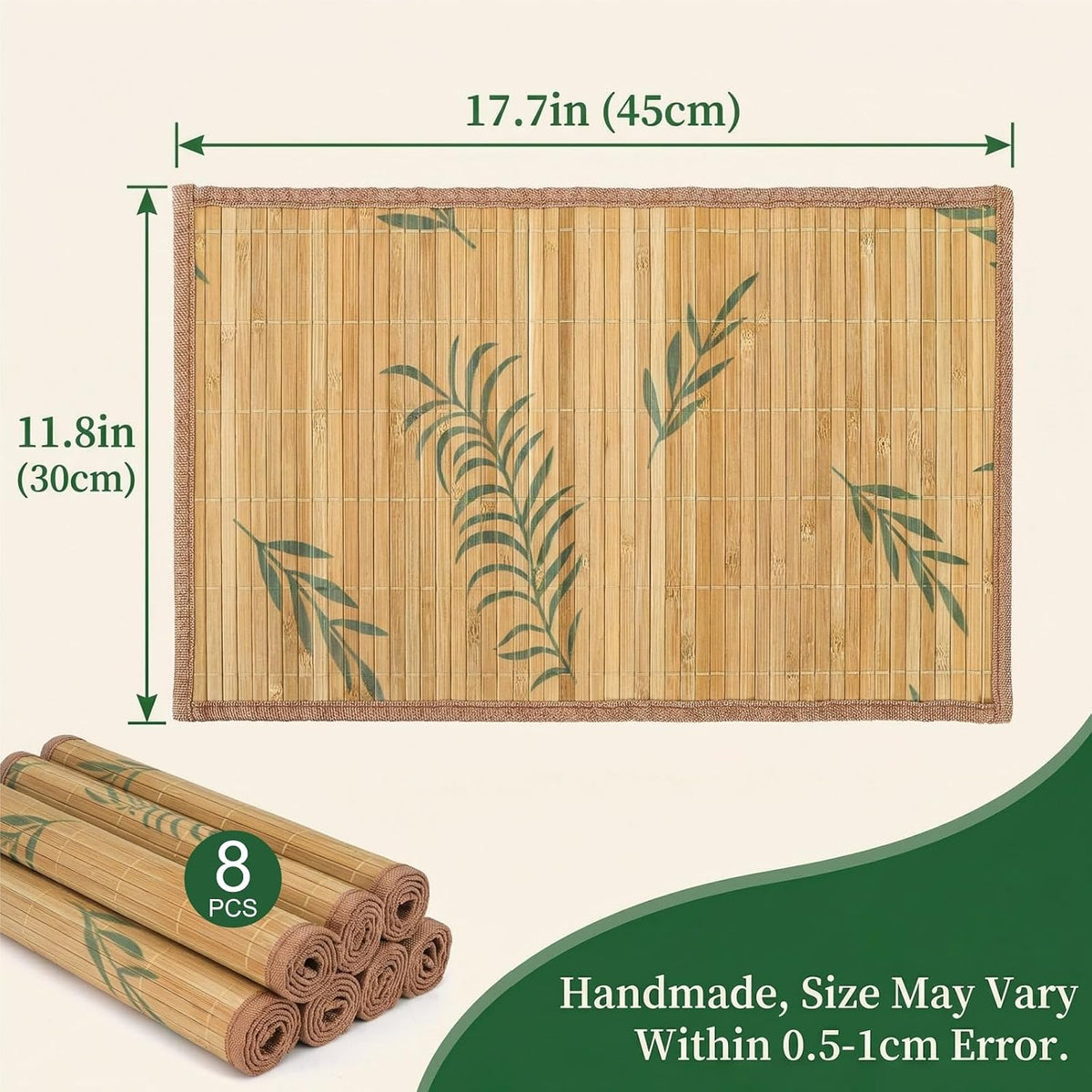 Eorbow 8 Pack Bamboo Placemats, 18 x 12 Inch Anti-Slip Table Mats, Heat Resistant Place Mats, Japanese Style Washable Placemats for Dining Room, Kitchen, Restaurant