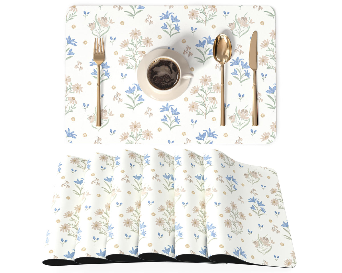QIYI PU Leather Placemats Set of 6, 12"x18" Waterproof Table Mats, Dahlia