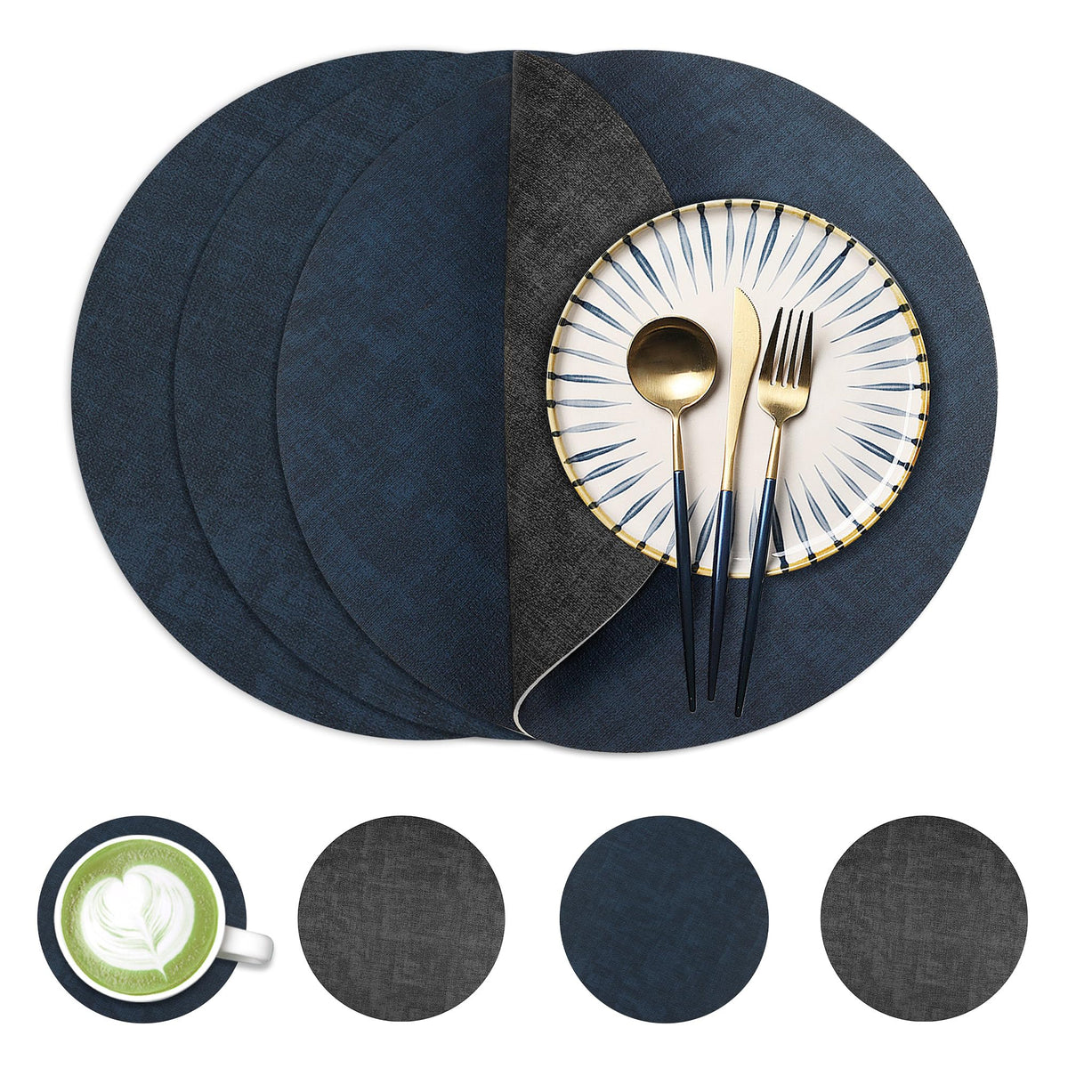 Fyvva Placemats Set of 4, 13" Round Reversible Faux Leather with Coasters