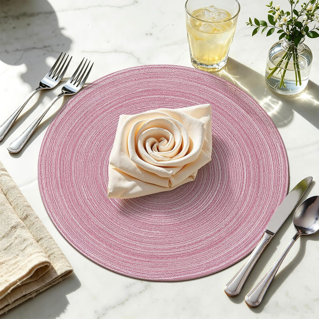 Topotdor Round Placemats Set of 6,Washable Woven Table Mats,Pink
