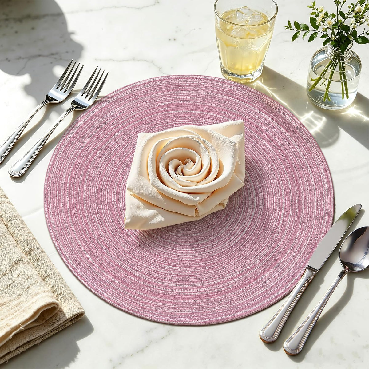 Topotdor Round Placemats Set of 6,Washable Woven Table Mats,Pink