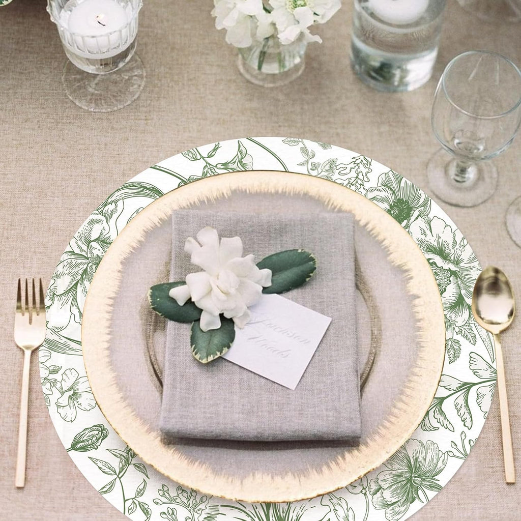 50 Pack Paper Placemats Disposable Green Floral Placemats 13.7 Inch Vintage Sage Green Flower Place Mats Chinoiserie Round Table Mats for Dinner Table Setting Birthday Wedding Party Supplies