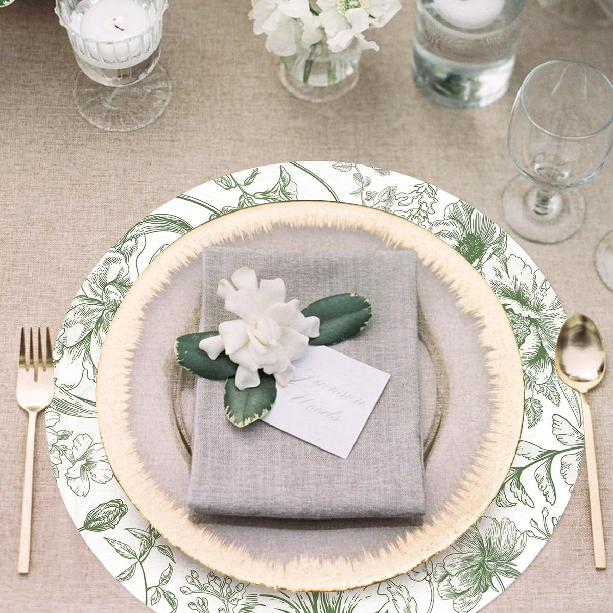 50 Pack Paper Placemats Disposable Green Floral Placemats 13.7 Inch Vintage Sage Green Flower Place Mats Chinoiserie Round Table Mats for Dinner Table Setting Birthday Wedding Party Supplies