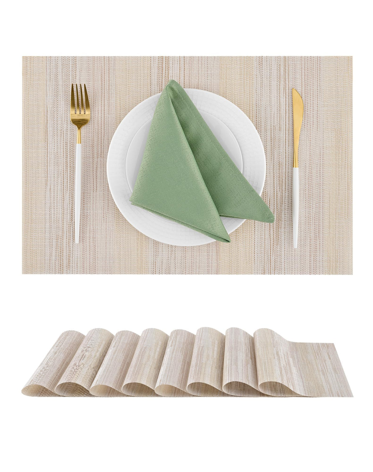 Beige Placemats Set of 6 - Heat-Resistant, Non-Slip Table Mats, Washable Woven Vinyl for Indoor & Outdoor Dining