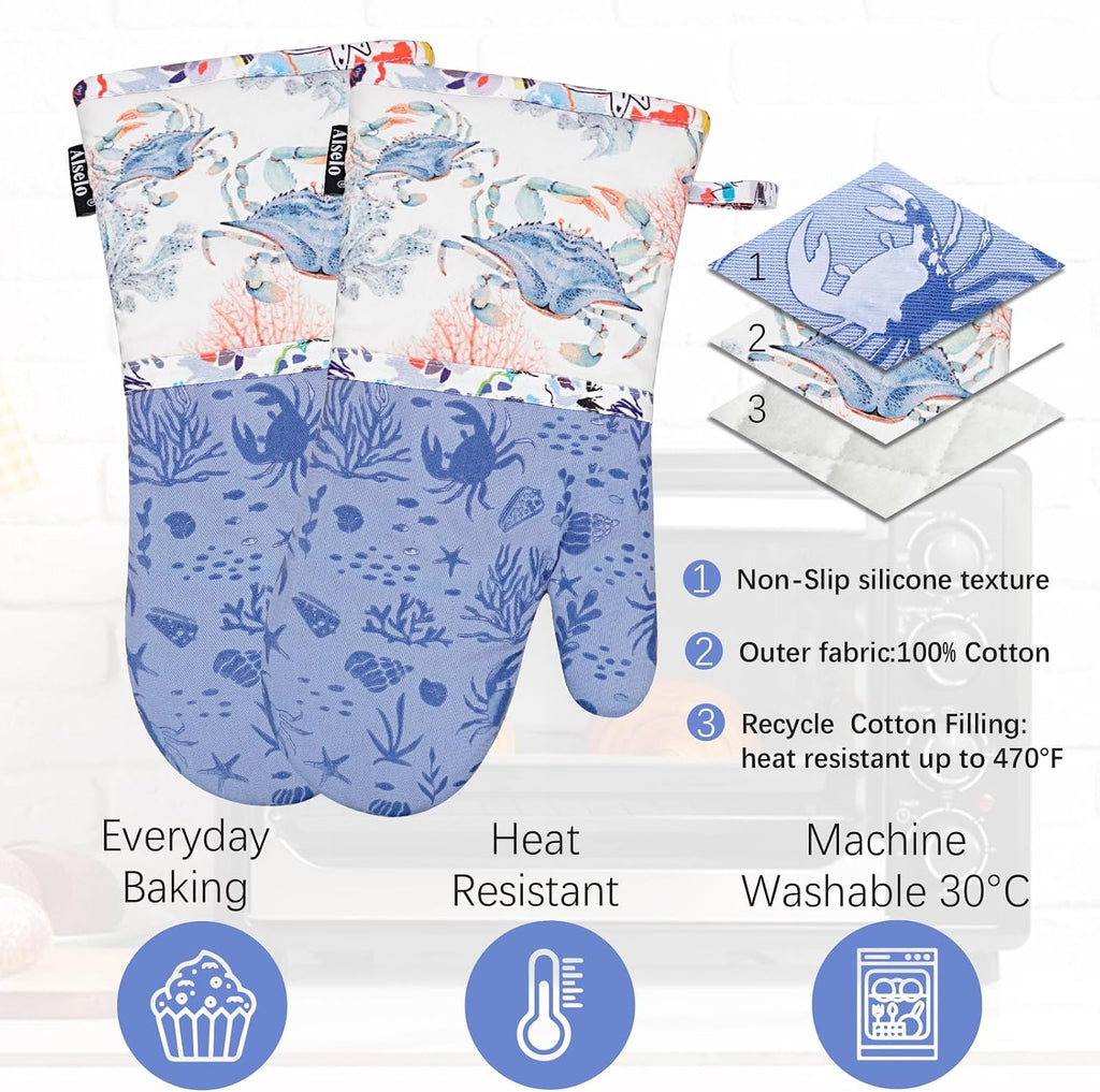 Alselo Oven Mitts 1 Pair, Silicone Printed Kitchen Mittens,7"x13.5"