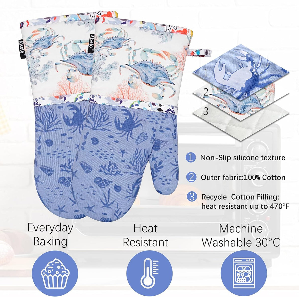 Alselo Oven Mitts 1 Pair, Silicone Printed Kitchen Mittens,7"x13.5"