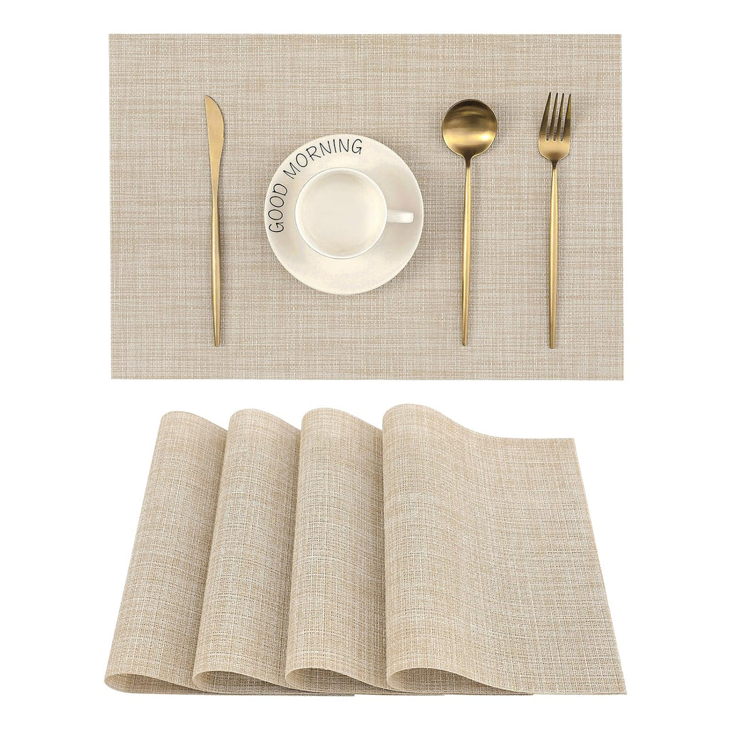 Beige White Placemats Set of 4 - Heat Resistant Non-Slip Place mats for Dining Table, Washable Durable PVC Vinyl Woven Table Mats(Beige White, 4)