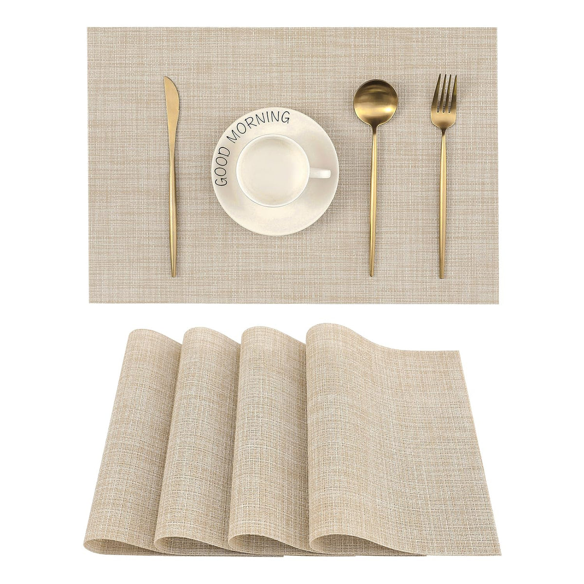 Beige White Placemats Set of 4 - Heat Resistant Non-Slip Place mats for Dining Table, Washable Durable PVC Vinyl Woven Table Mats(Beige White, 4)