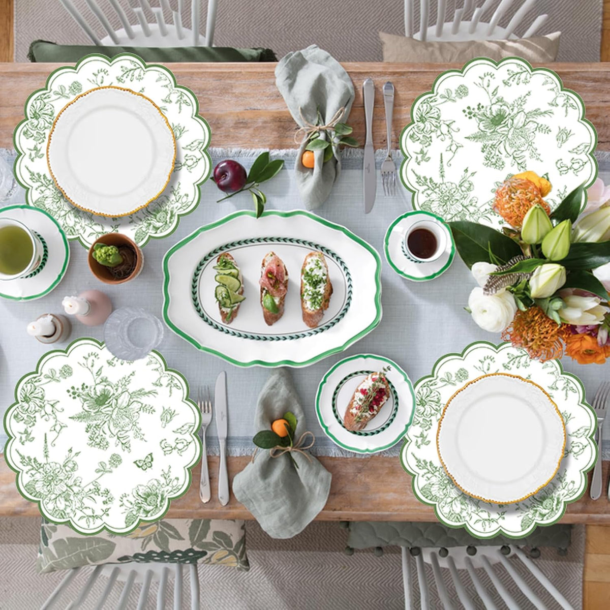 50 PCS Green Floral Paper Placemats, 13.5 Inch Paper Placemats Disposable with Butterfly and Flowers Print, for Decor Birthday Summer Wedding Wildflower Party, Banquet Table Settings