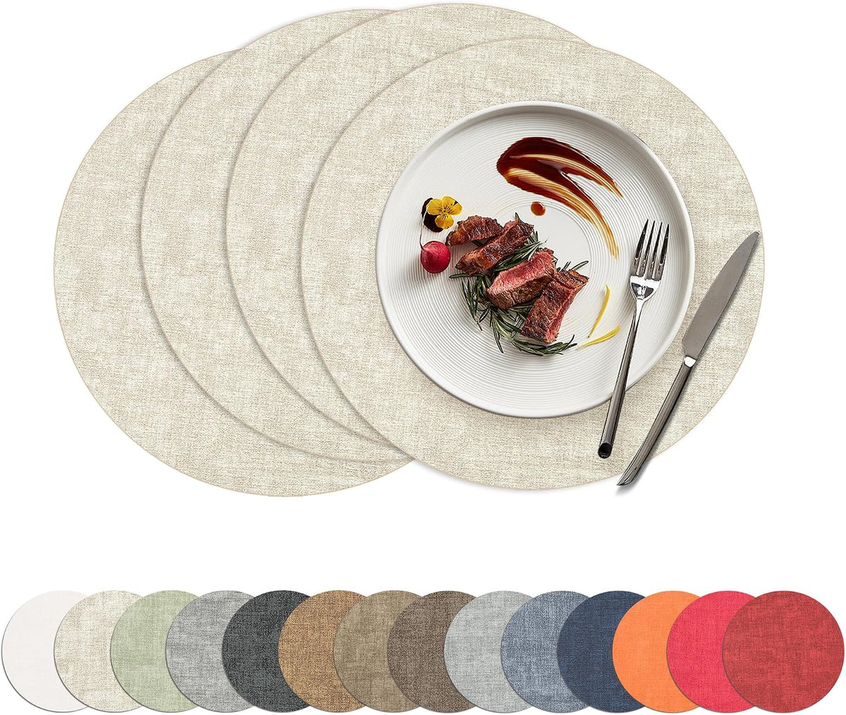 Placemats Set of 4, 15 Inch Round Faux Leather Place Mats