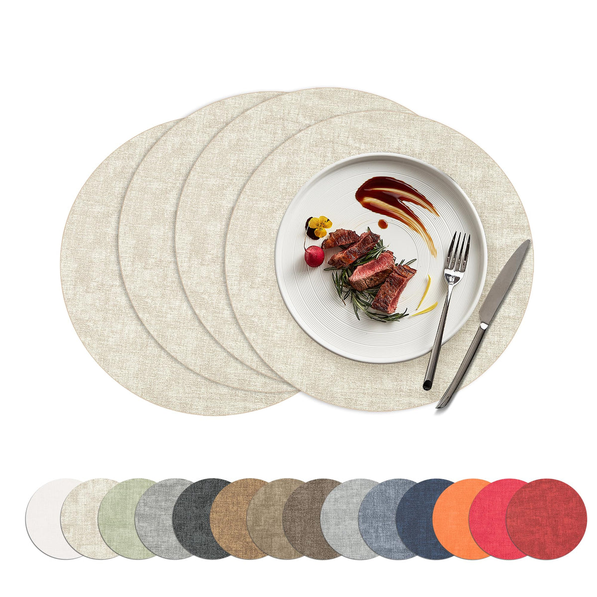 Placemats Set of 4, 15 Inch Round Faux Leather Place Mats