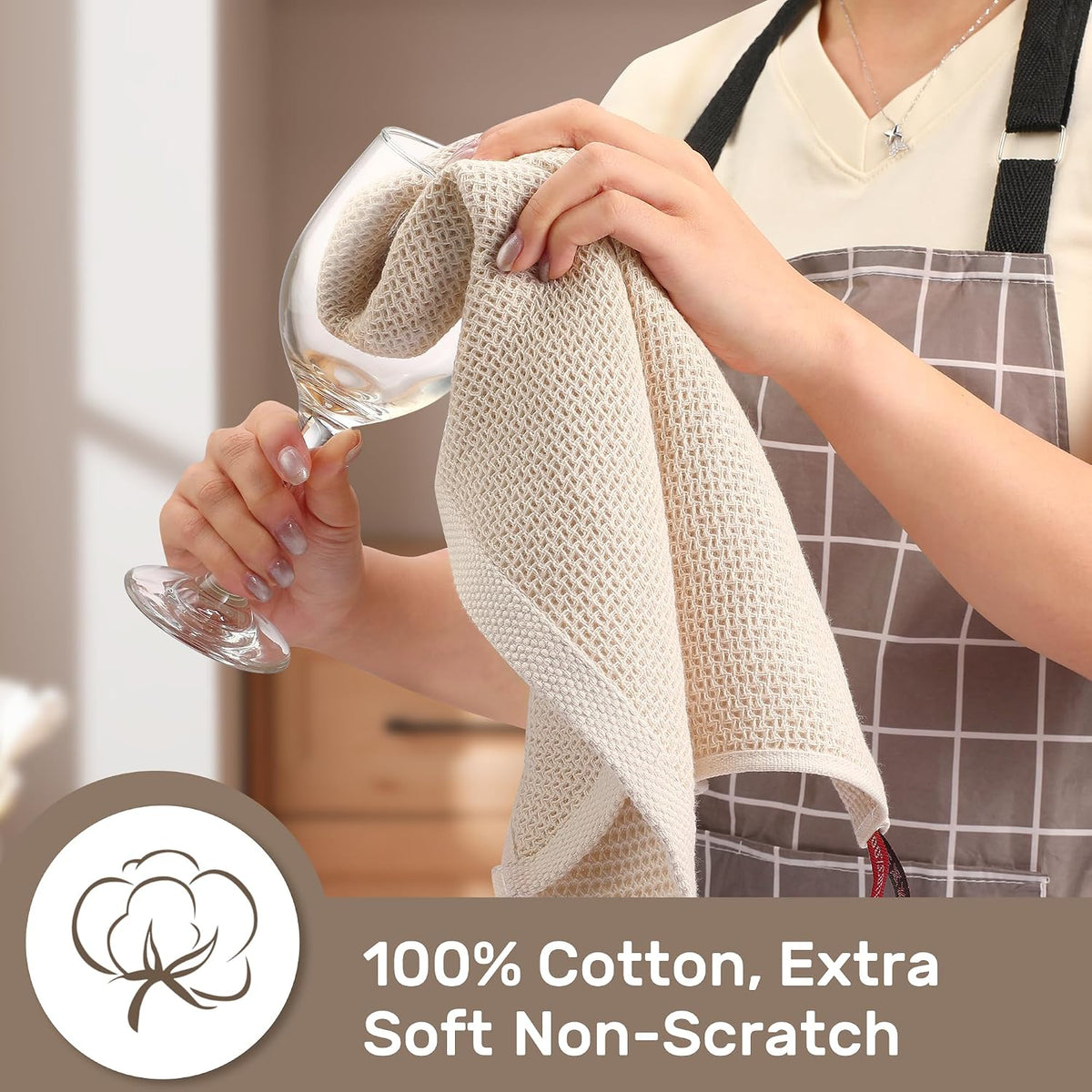 Large Kitchen Hand Towels,6 Pack Cotton Waffle Weave Dish Towel for Drying, Cleaning Cloth for Kitchen Dishes - Extra Absorbent and Soft - 16 x 28 inch (Cream-6 Pack)