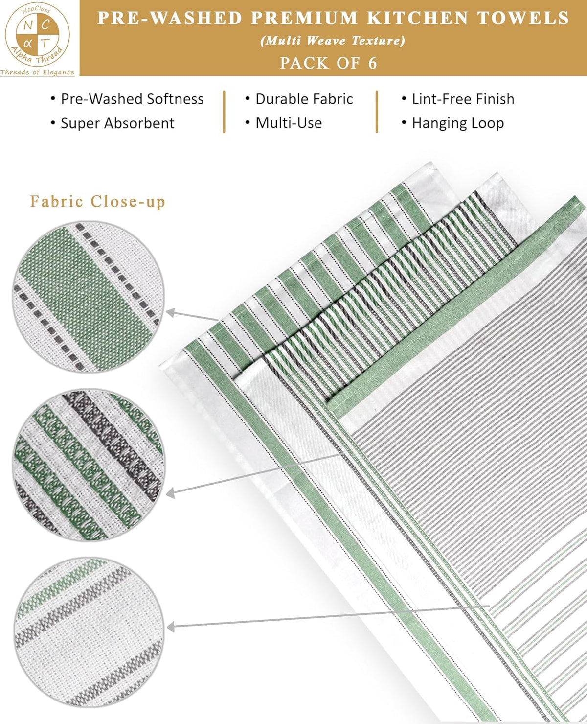 Pack of 6 Cotton Kitchen Towels Set, Dish Towels, Cleaning Rags, Kitchen Dish Cloths for Washing Dishes, Cotton Cleaning Cloths, Ultra Soft, Lightweight & Quick Dry, Flat Weave, 28"x18" (Olive & Gray)