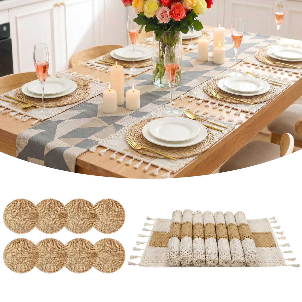 13" Round Placemats Set of 12, Rattan Place Mats for Dining Table Decor, Rustic Woven Wicker Chargers for Dinner Plates, Outdoor Patio, Farmhouse Wedding, Boho Water Hyacinth Braided Placemat