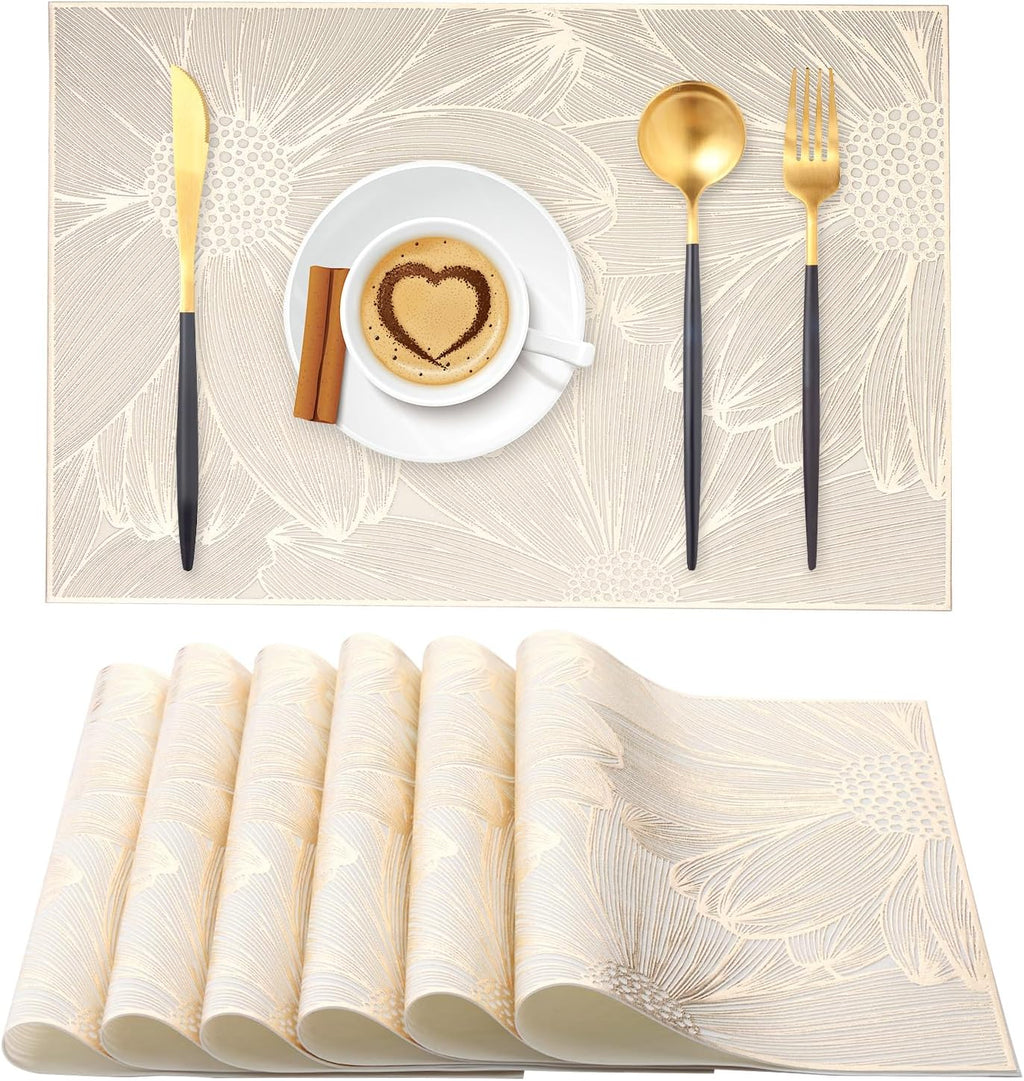 Gold Rectangle Placemats Set of 6 Daisy Vinyl Place Mats for Dining Tables