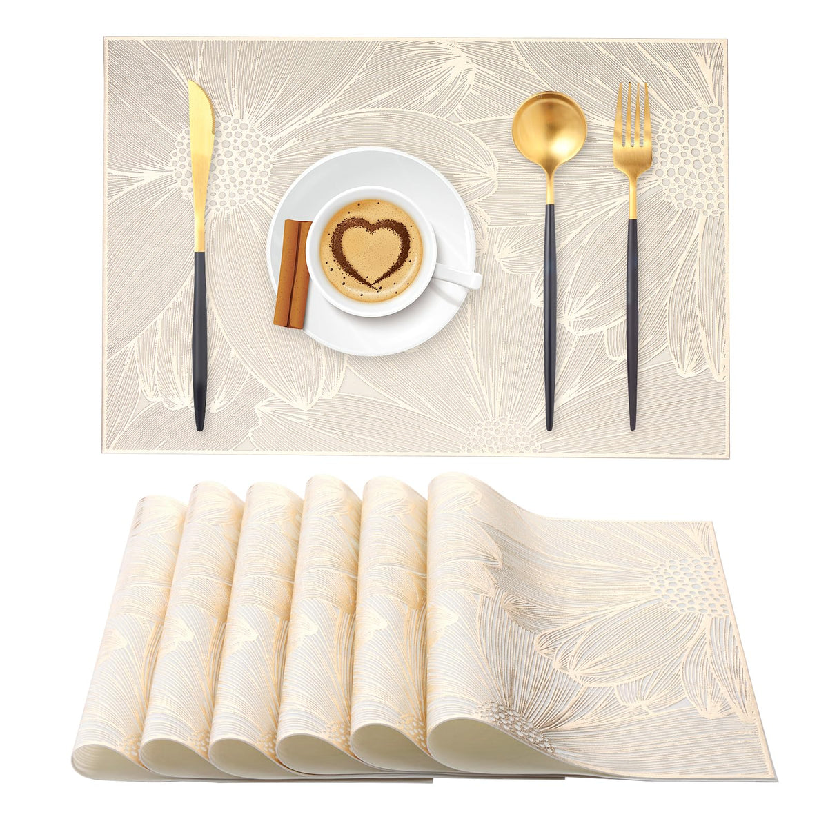 Gold Rectangle Placemats Set of 6 Daisy Vinyl Place Mats for Dining Tables