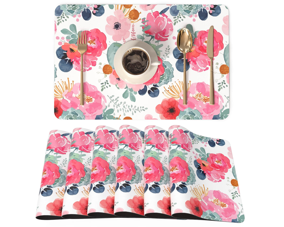 QIYI PU Leather Placemats Set of 6, 12"x18" Waterproof Table Mats, Dahlia