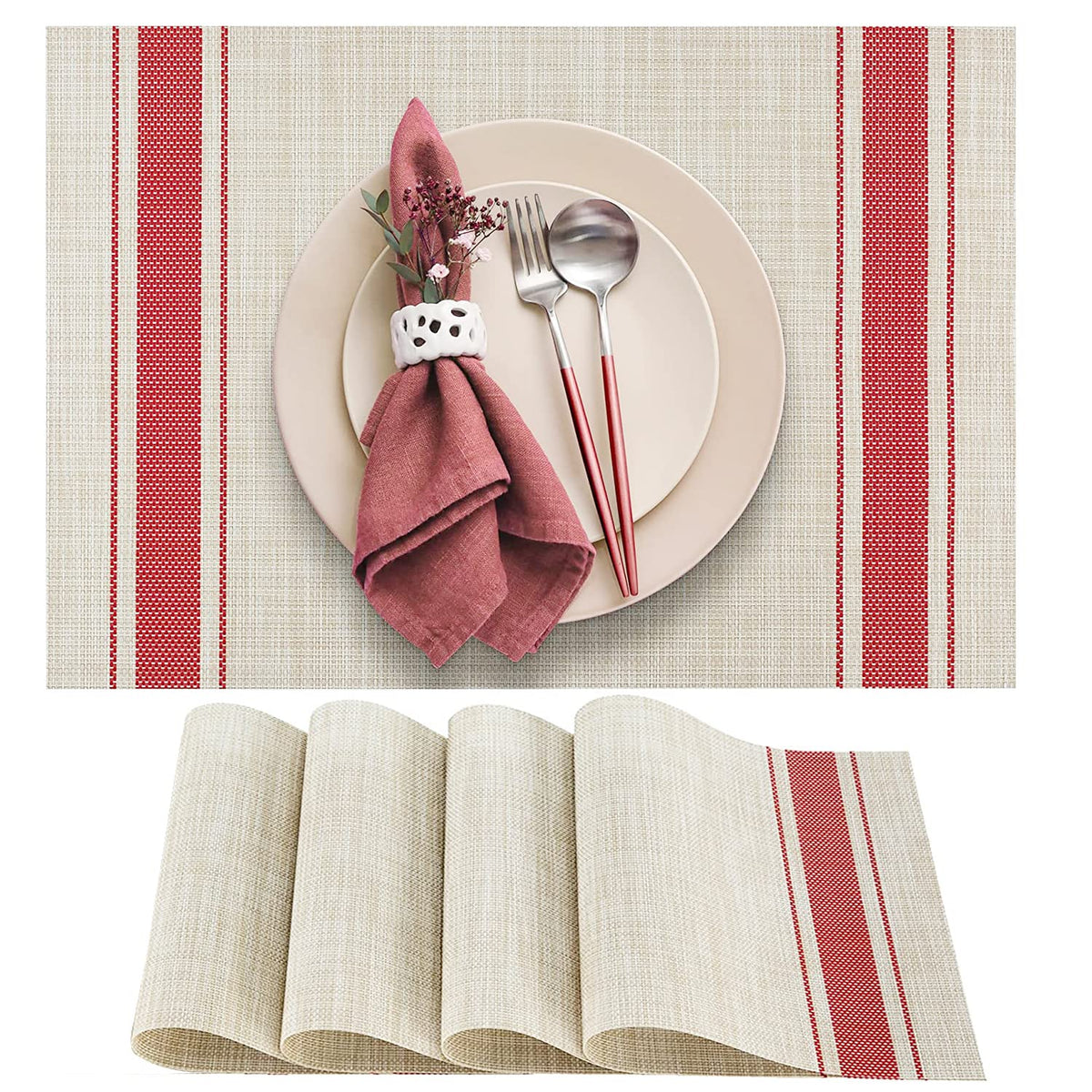 DACHUI Placemats Set of 6, Linen Look Woven Place Mats (Beige)