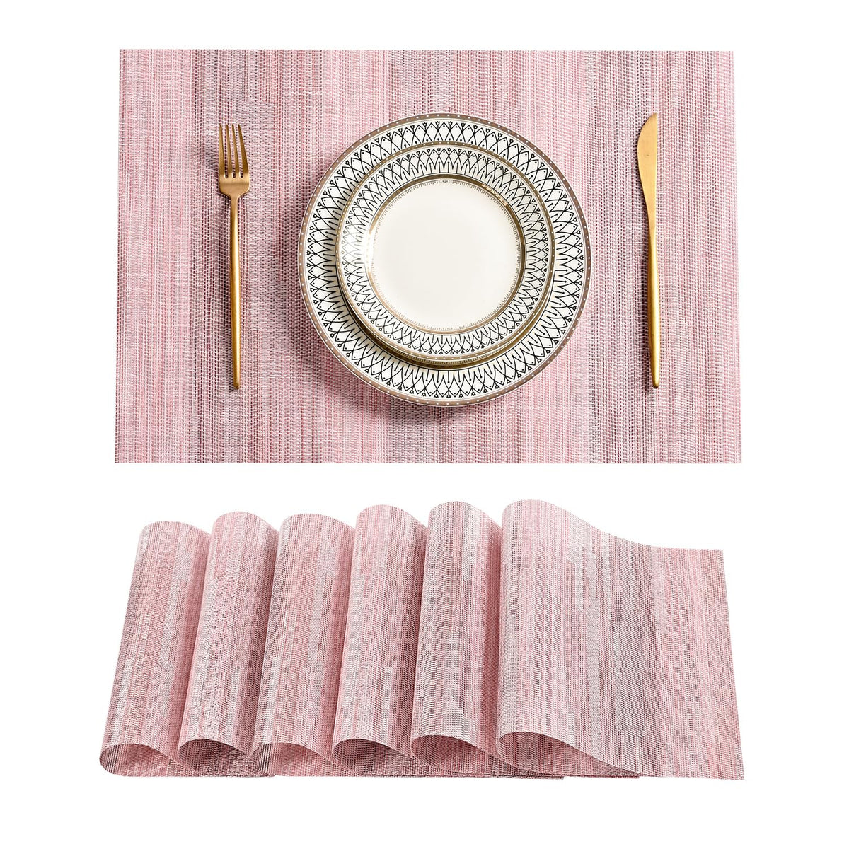 Beige Placemats Set of 6 - Heat-Resistant, Non-Slip Table Mats, Washable Woven Vinyl for Indoor & Outdoor Dining