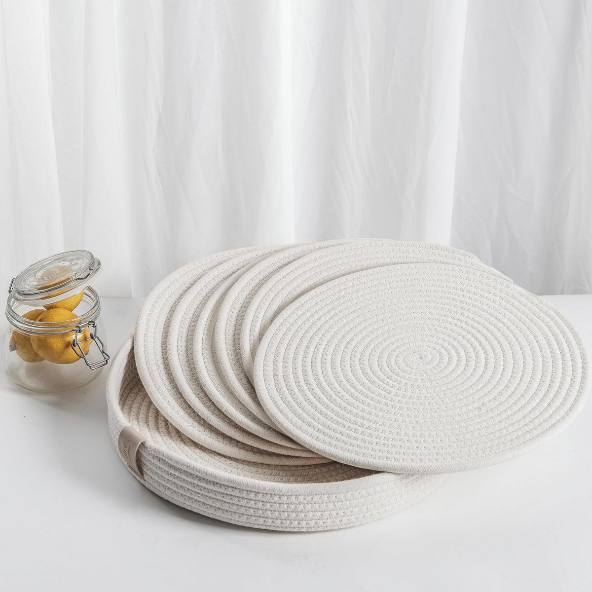 5-Piece Round Cotton Rope Placemats & Holder, Off White
