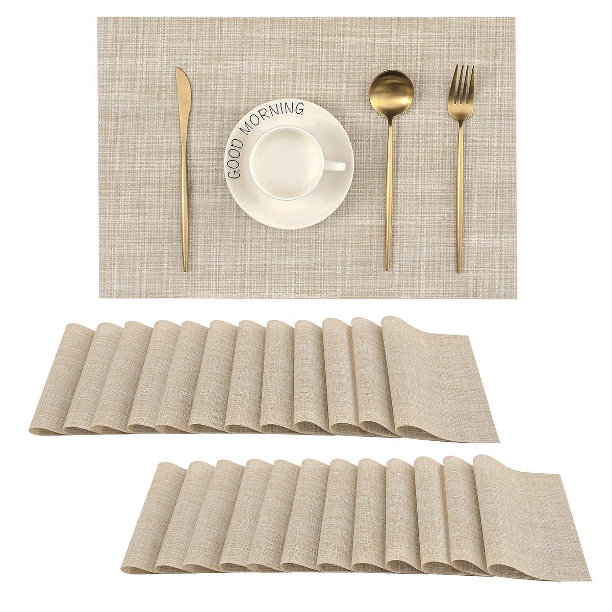 Beige Placemats Set of 6 - Heat-Resistant, Non-Slip Table Mats, Washable Woven Vinyl for Indoor & Outdoor Dining