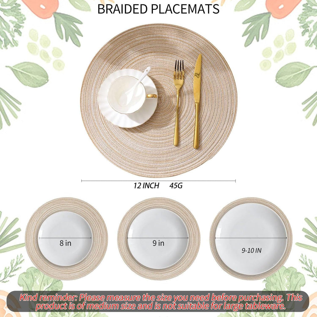 12 Inch Round Braided Placemats Set of 4,Washable Heat Resistant Cotton Polyester Circle Place Mats for Kitchen Dinner Party Table Decoration,Suitable for Plates Under 10 inches(Beige Medium Size)