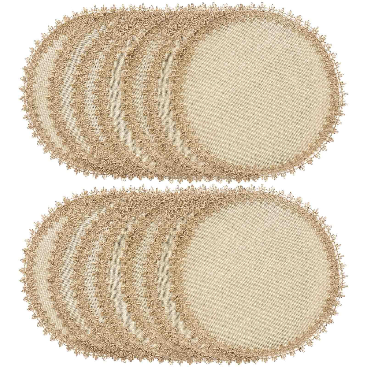 FunWheat Burlap Round Braided Placemats Set of 12 for Dining Tables 15 Inch Heat Resistant Jute Table Mats Farmhouse Woven Fabric Natural Place mats (Brown Jute Lace)