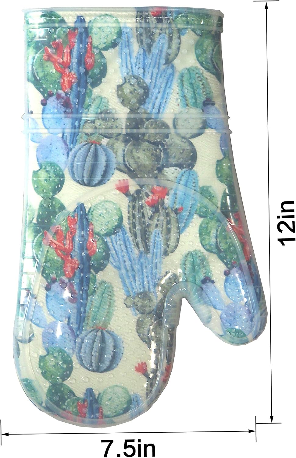 Oven Mitts with Transparent Clear Silicone Shell and Nice Cacturs Flower Printing