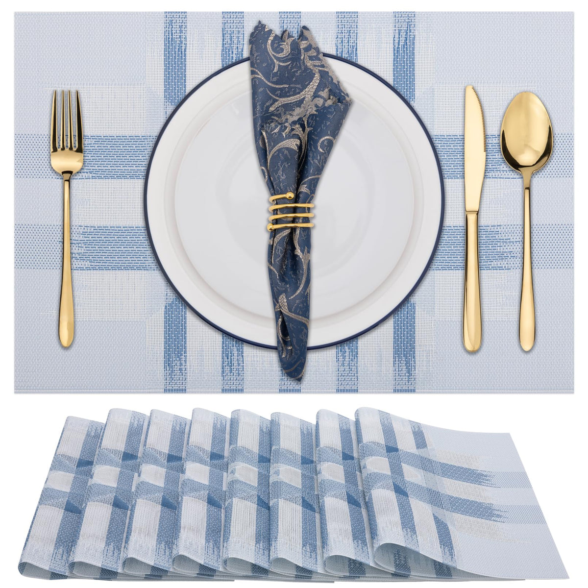 Winknowl Placemats Set of 8, Heat Resistant Non-Slip Vinyl Woven Table Mats for Dining Table, Washable Durable Elegant Place Mats for Kitchen Indoor/Outdoor Use (Beige Blue)