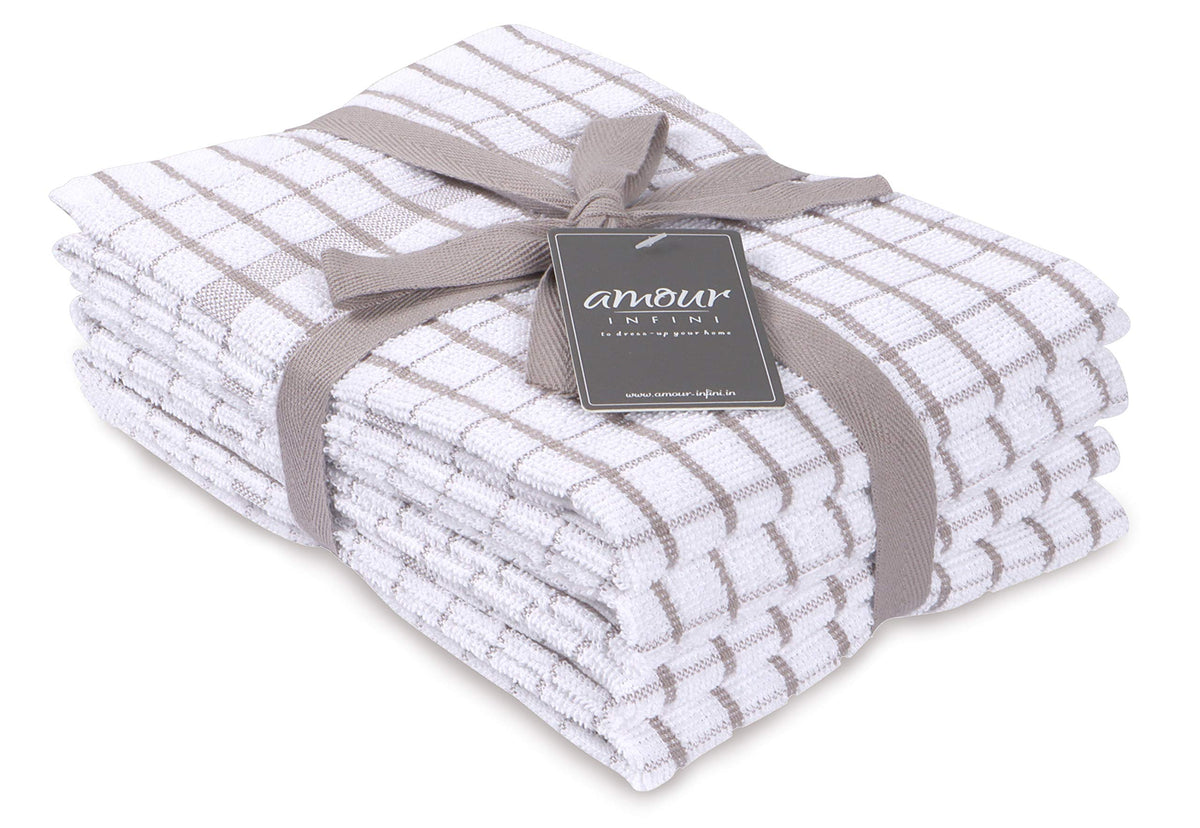 AMOUR INFINI Kitchen Towels Set of 4 - Highly Absorbent, Super Soft Terry Cotton 20x28 Inch Dish Towels with Hanging Loop - Hand & Tea Towels for Cleaning & Drying Dishes (Beige)