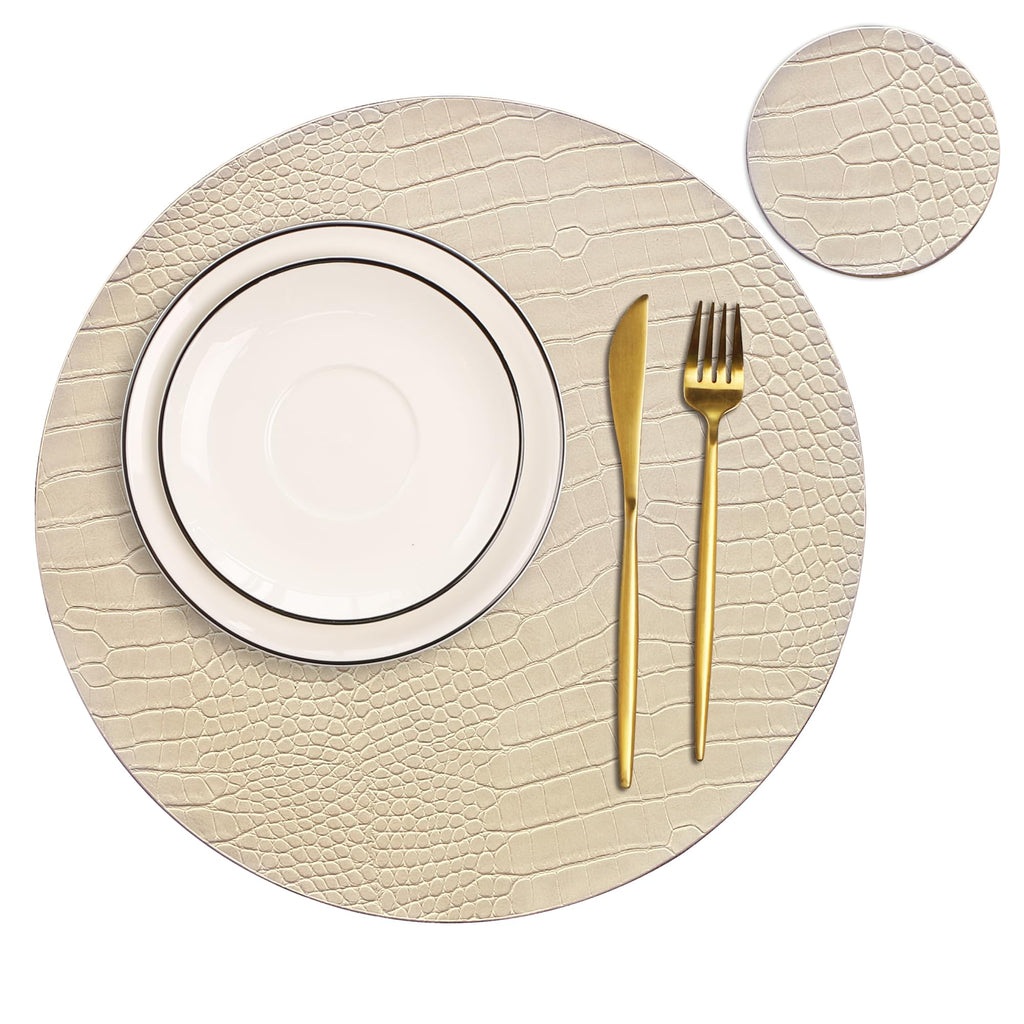 Round Leather Placemats for Round Tables Set of 4, Black Place Mats and Coasters, Washable Easy to Care for Indoor Decor 13" Diameter