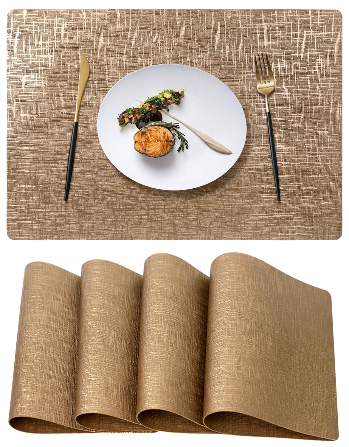 COOLMI Beige Placemats Set of 4, Washable Woven PVC Table Mats, Heat Resistant Non-Slip Place Mats for Dining Table, Flat Pack No Curled Edges, Indoor Outdoor, 17 x 12 Inch